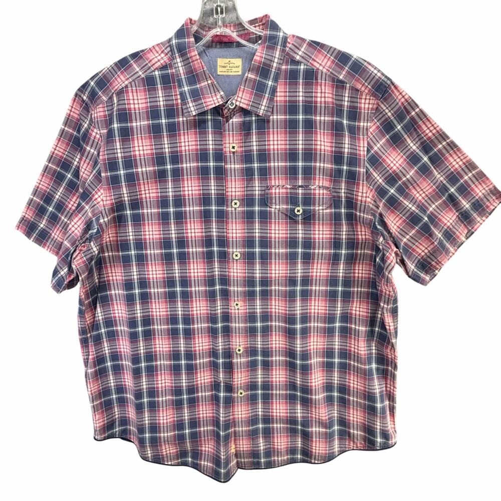 Tommy‎ Bahama Shirt Mens XL Pink Blue Plaid Cotton Button Down Coastal Preppy